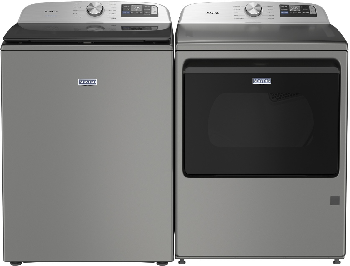 Side by Side Top Load Washer and Gas Dryer Pair in Classic Silver