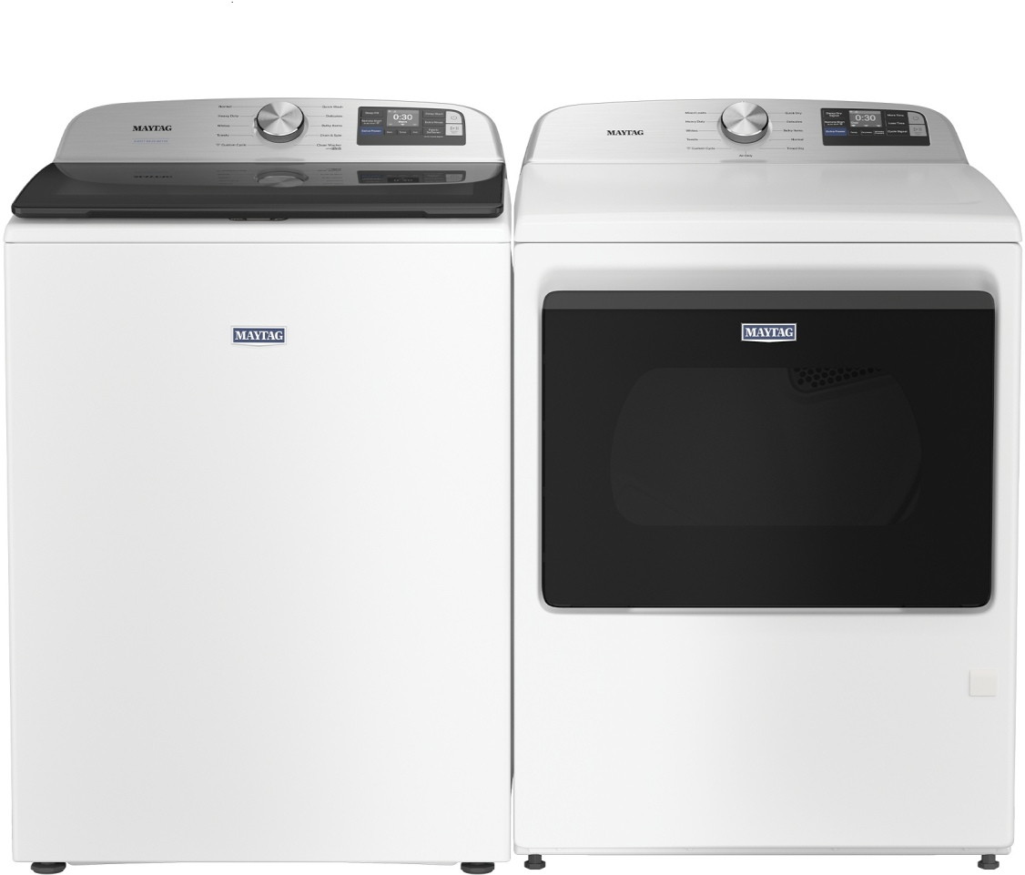 Side by Side Top Load Washer and Electric Dryer Pair in White