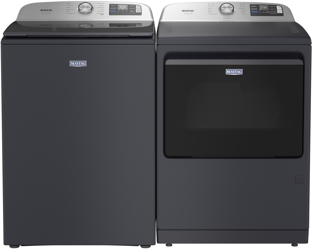 Side by Side Top Load Washer and Gas Dryer Pair in Midnight Steel