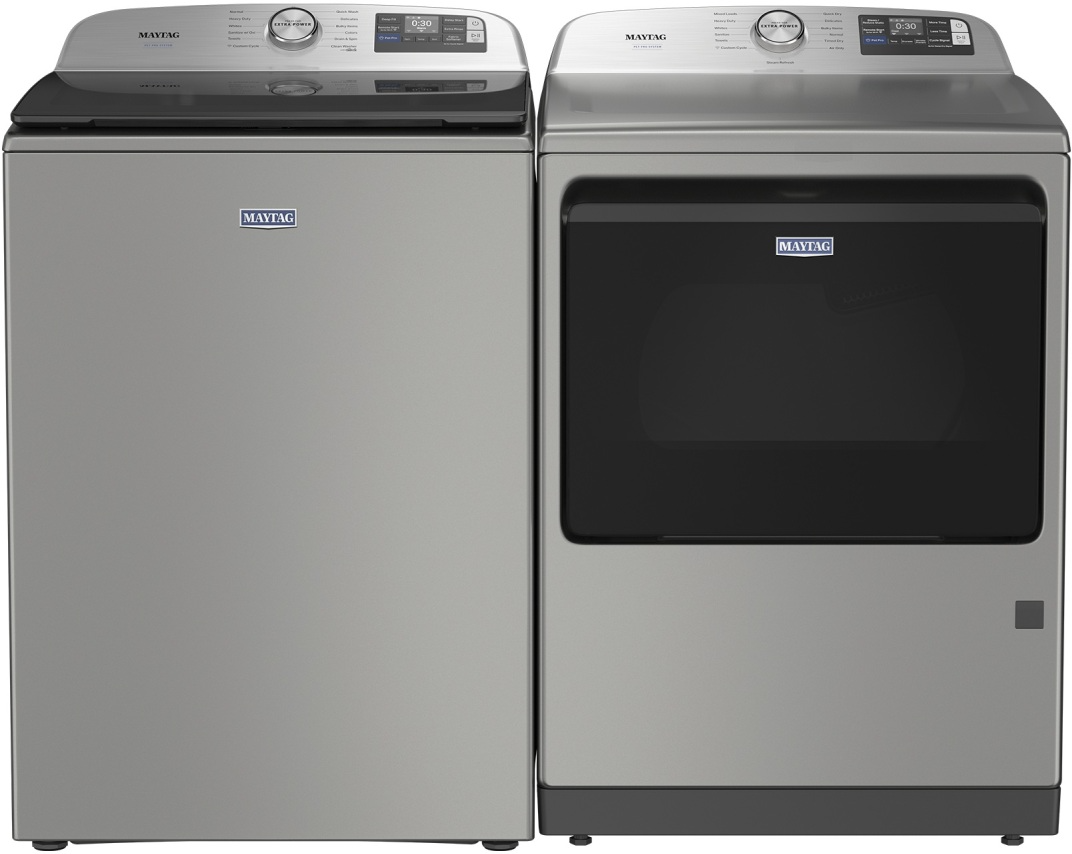 Side by Side Top Load Washer and Electric Dryer Pair in Classic Silver