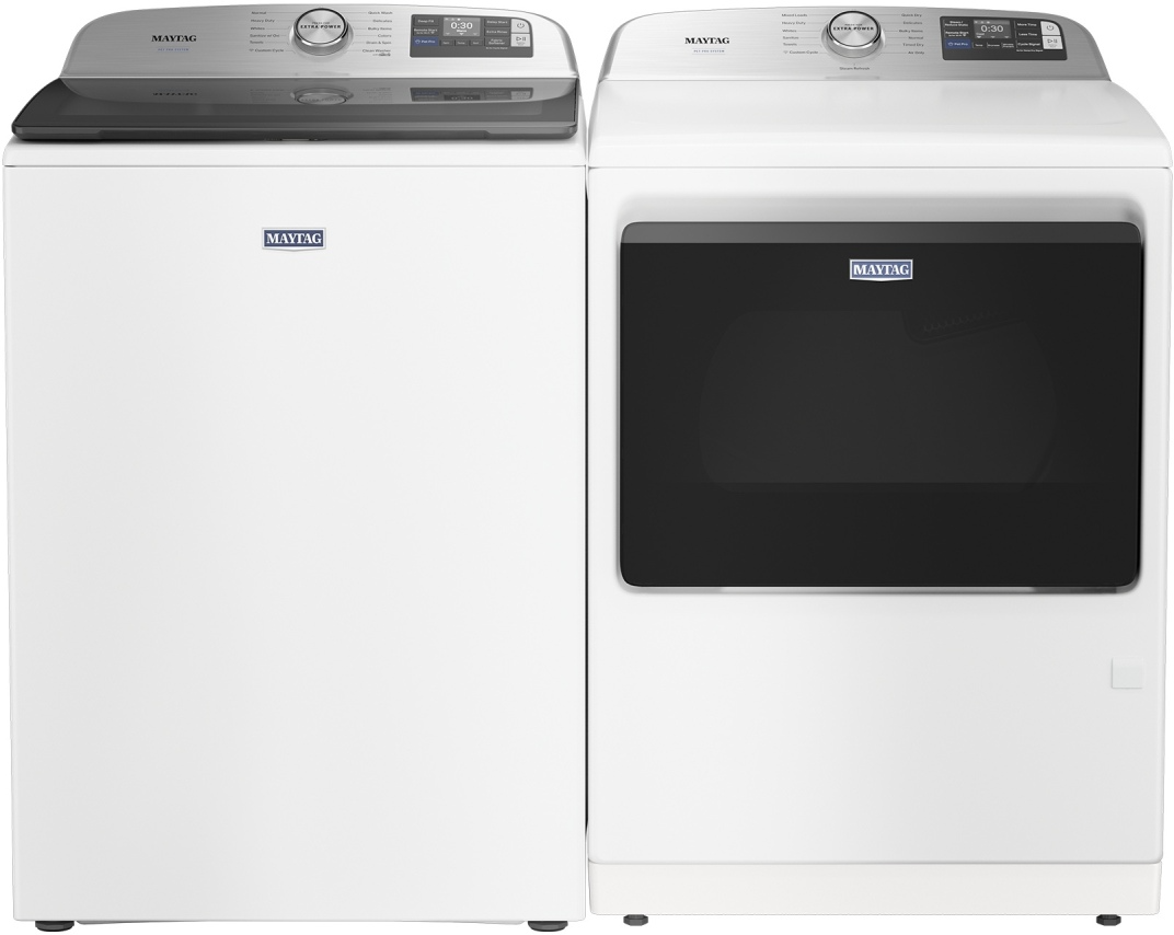 Side by Side Top Load Washer and Electric Dryer Pair in White