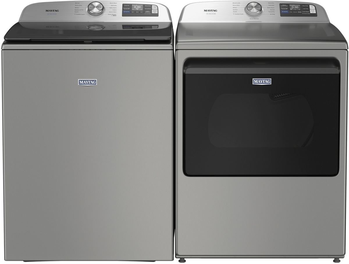 Side by Side Top Load Washer and Gas Dryer Pair in Classic Silver