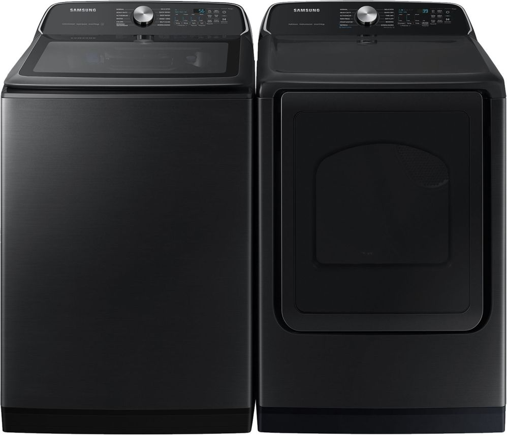 Side by Side Top Load Washer and Electric Dryer Pair in Brushed Black