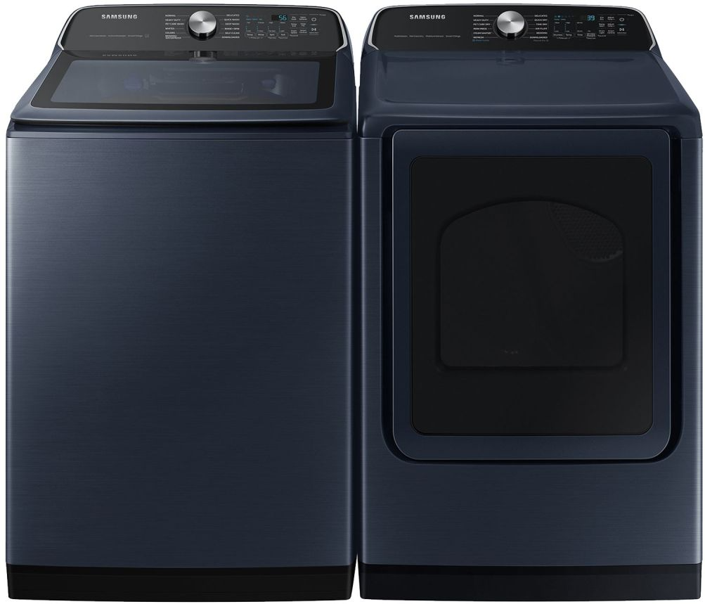 Side by Side Top Load Washer and Gas Dryer Pair in Brushed Navy