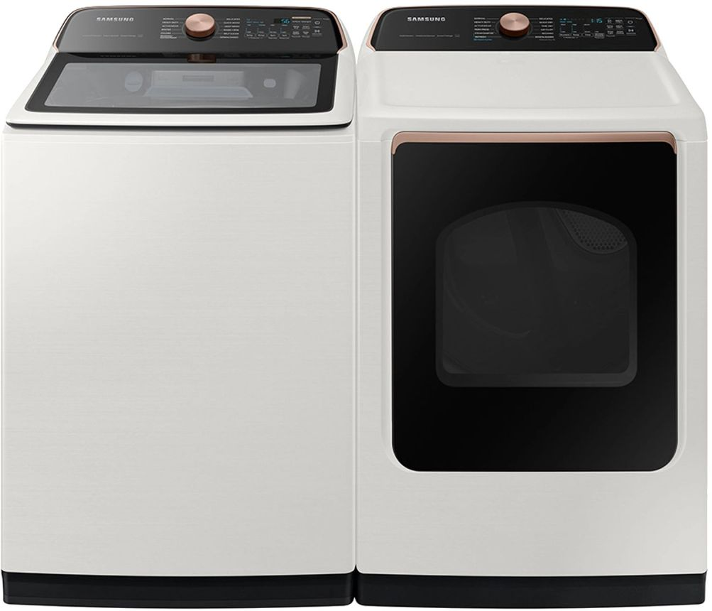 Side by Side Top Load Washer and Electric Dryer Pair in Ivory