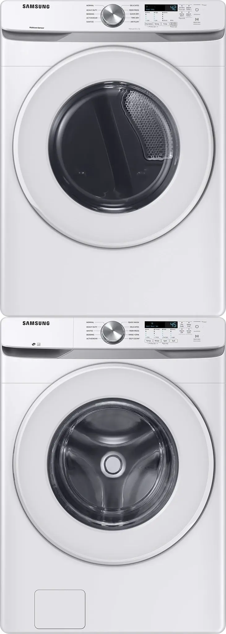 Stacked Front Load Washer and Electric Dryer Pair in White
