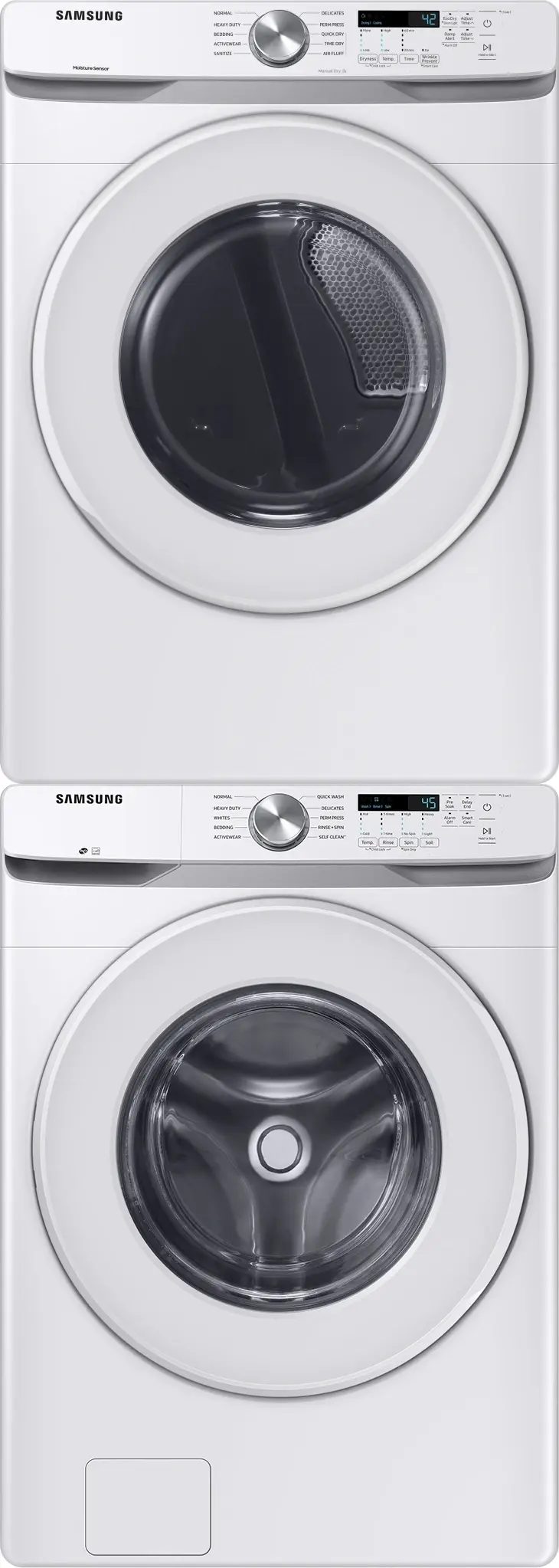 Stacked Front Load Washer and Electric Dryer Pair in White