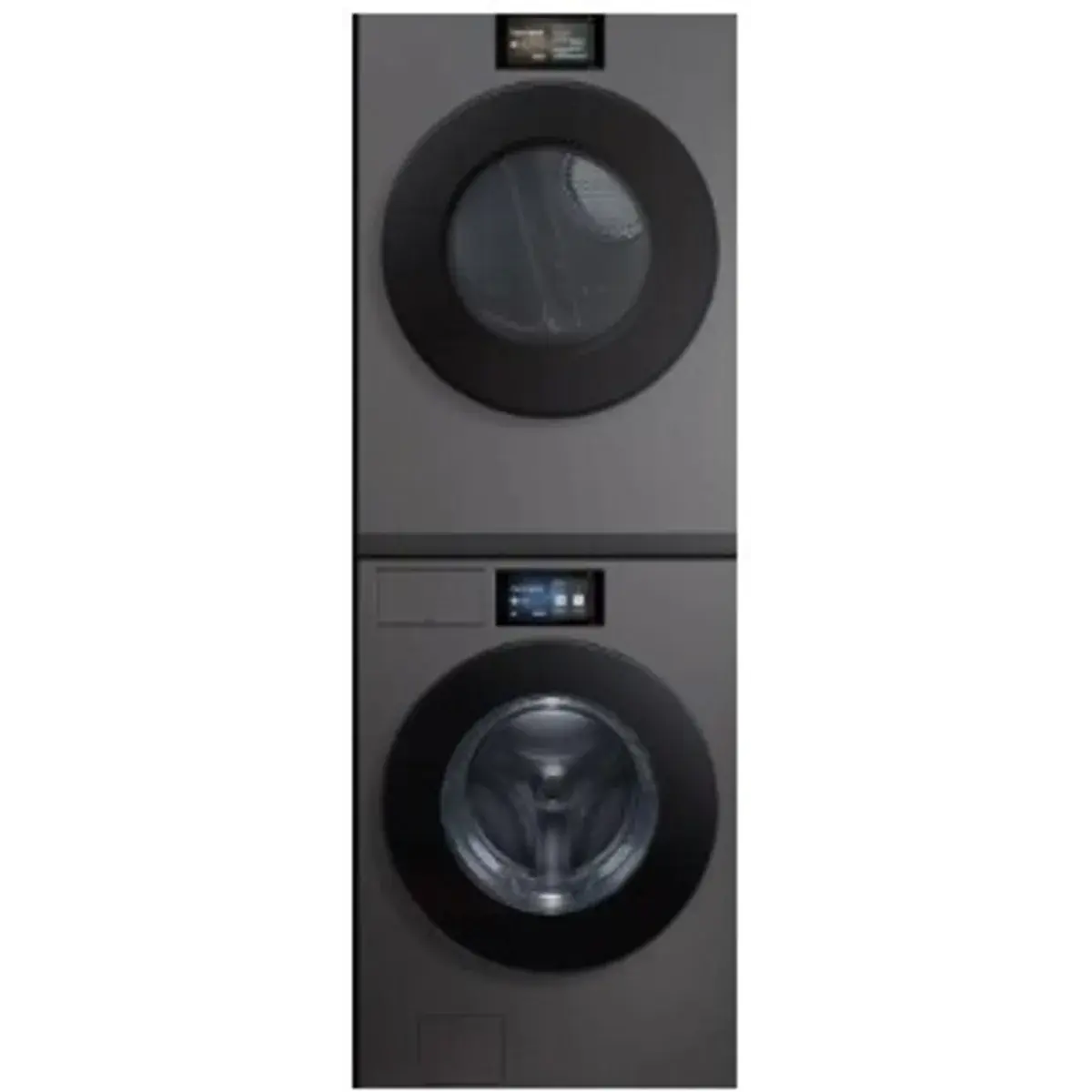 Stacked Front Load Washer and Gas Dryer Pair in Dark Steel