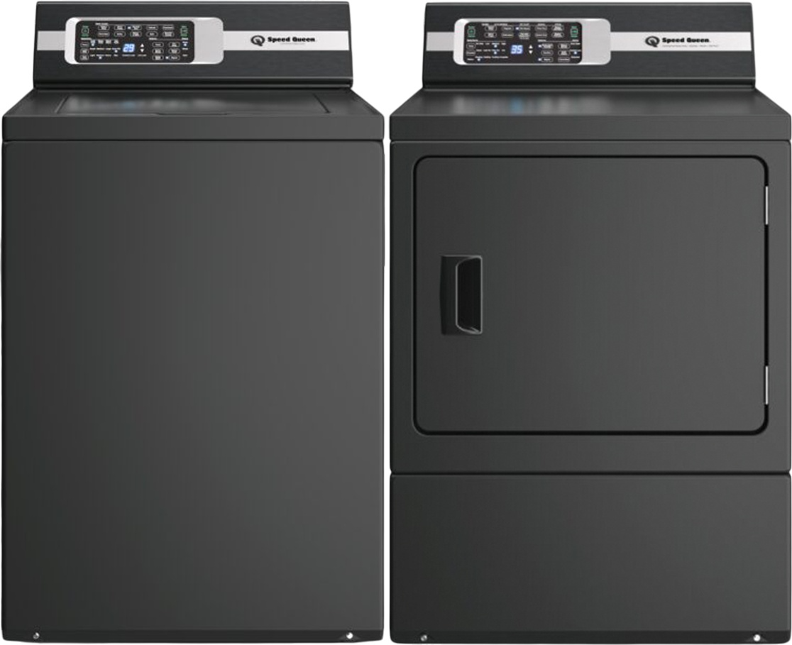 Side by Side Top Load Washer and Gas Dryer Pair in Matte Black