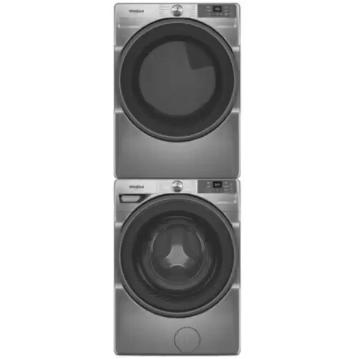 Stacked Front Load Washer and Gas Dryer Pair in Radiant Silver