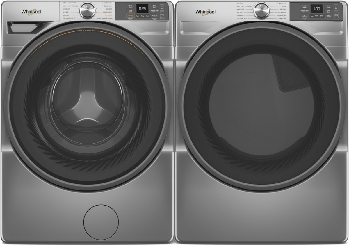 Side by Side Front Load Washer and Gas Dryer Pair in Radiant Silver