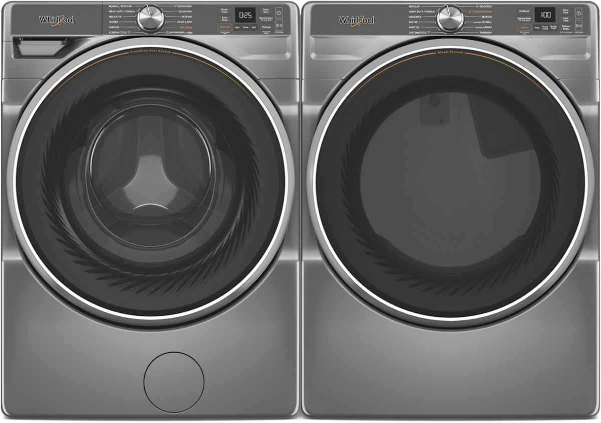 Side by Side Front Load Washer and Electric Dryer Pair in Radiant Silver