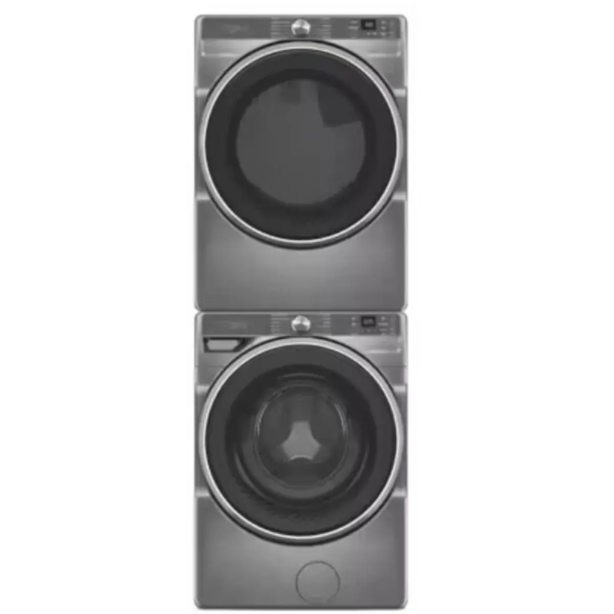 Stacked Front Load Washer and Gas Dryer Pair in Radiant Silver