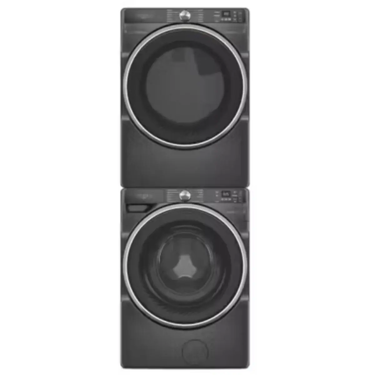 Stacked Front Load Washer and Gas Dryer Pair in Volcano Black