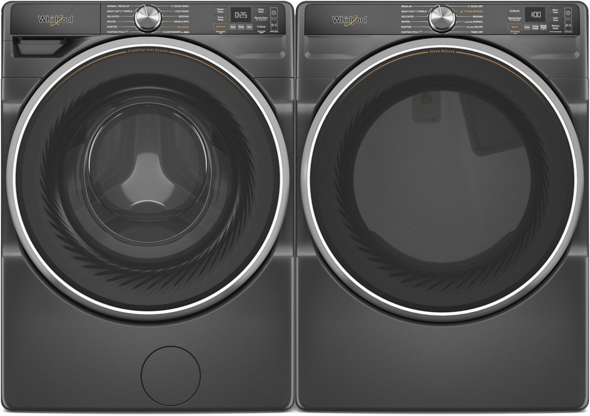 Side by Side Front Load Washer and Gas Dryer Pair in Volcano Black