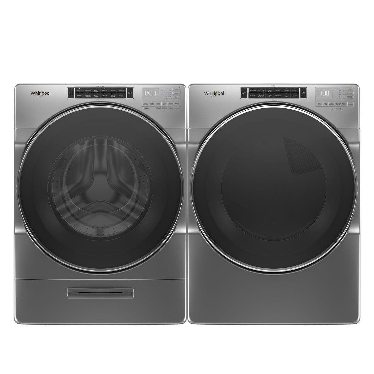 Side by Side Front Load Washer and Electric Dryer Pair in Chrome Shadow