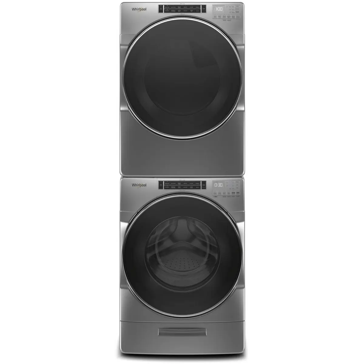Stacked Front Load Washer and Gas Dryer Pair in Chrome Shadow