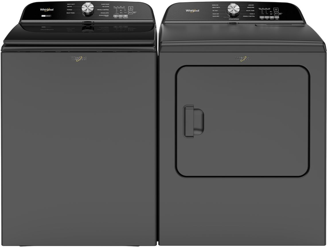 Side by Side Top Load Washer and Electric Dryer Pair in Volcano Black