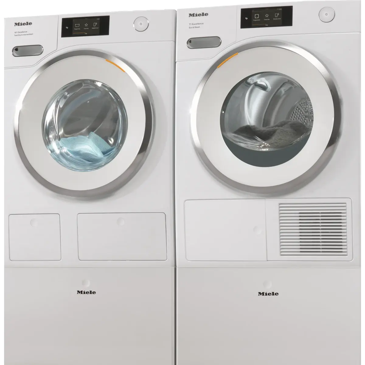 Side-by-Side Front Load Washer and Electric Dryer Set in White on Pedestals