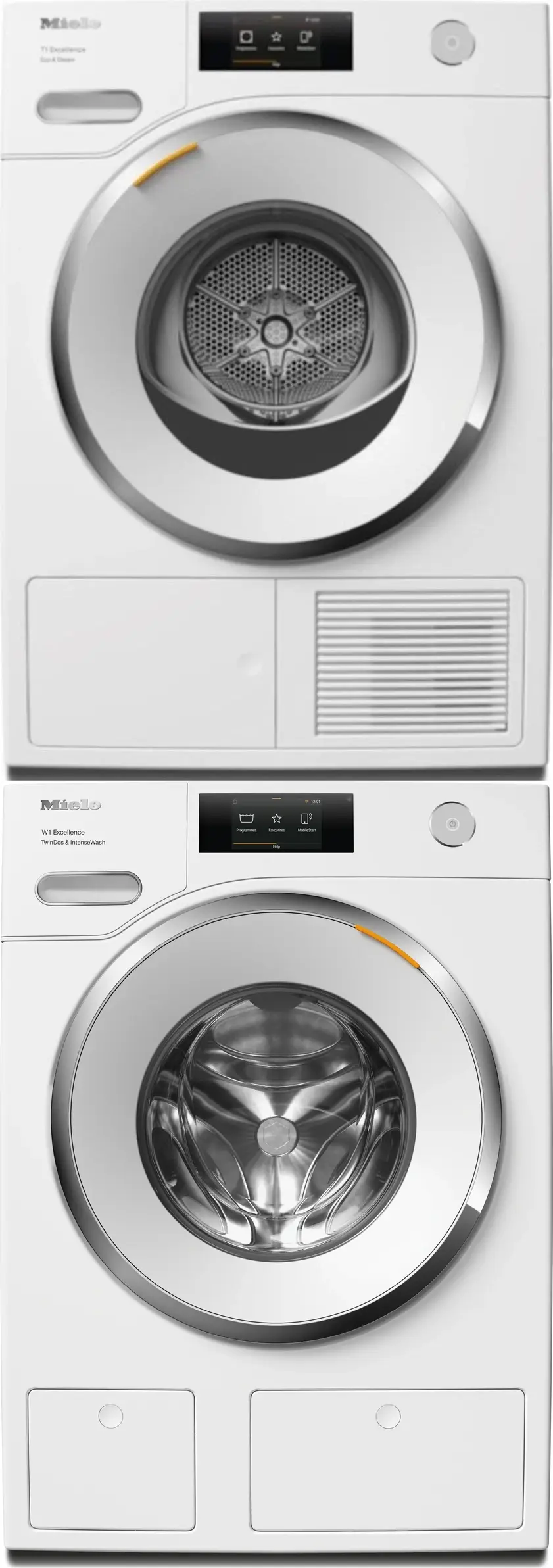 Stacked with Pull Out Tray Front Load Washer and Electric Dryer Set in White