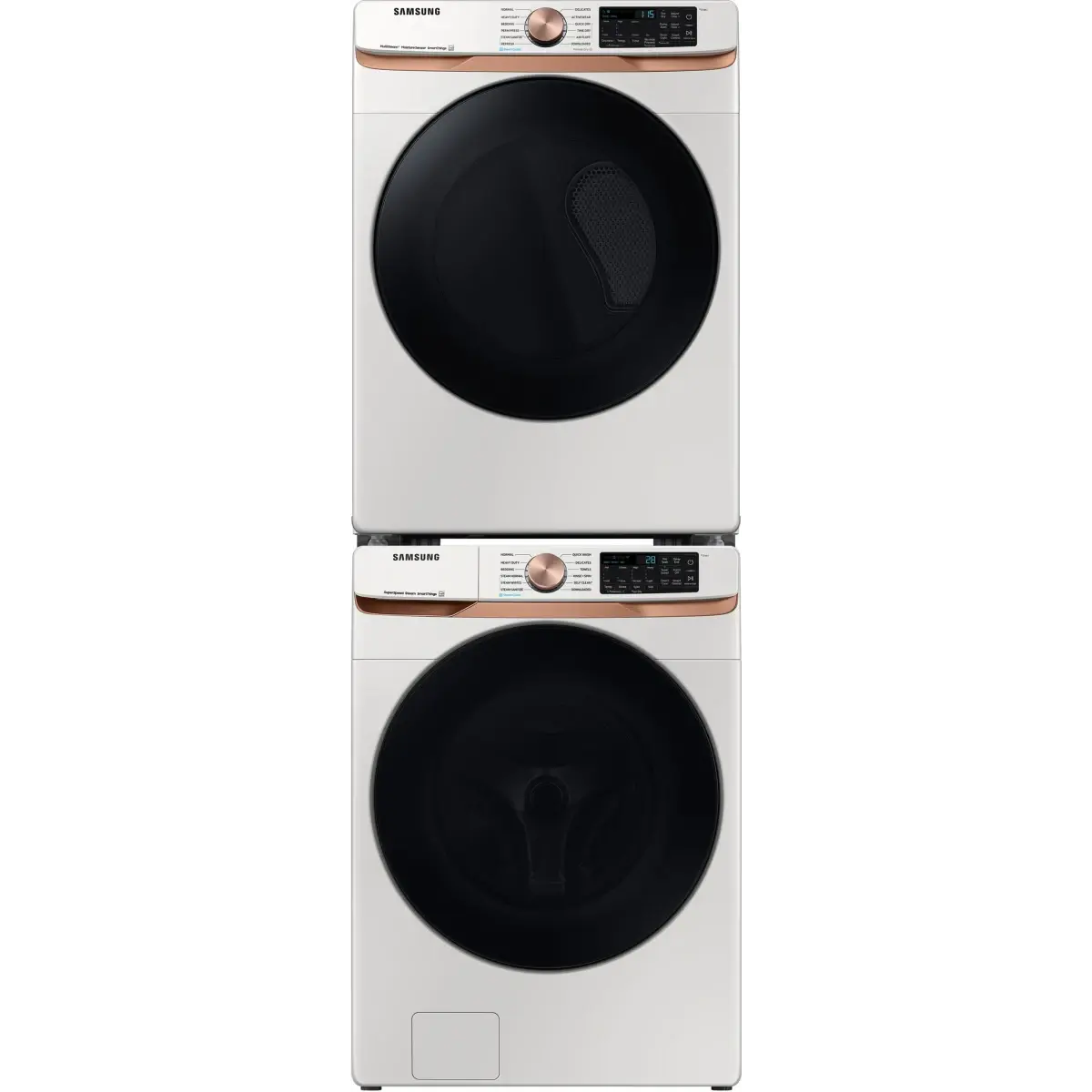 Stacked Front Load Washer and Gas Dryer Pair in Ivory