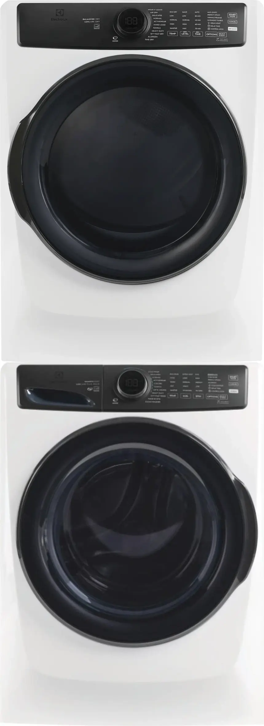 Stacked Front Load Washer and Gas Dryer Pair in Matte White