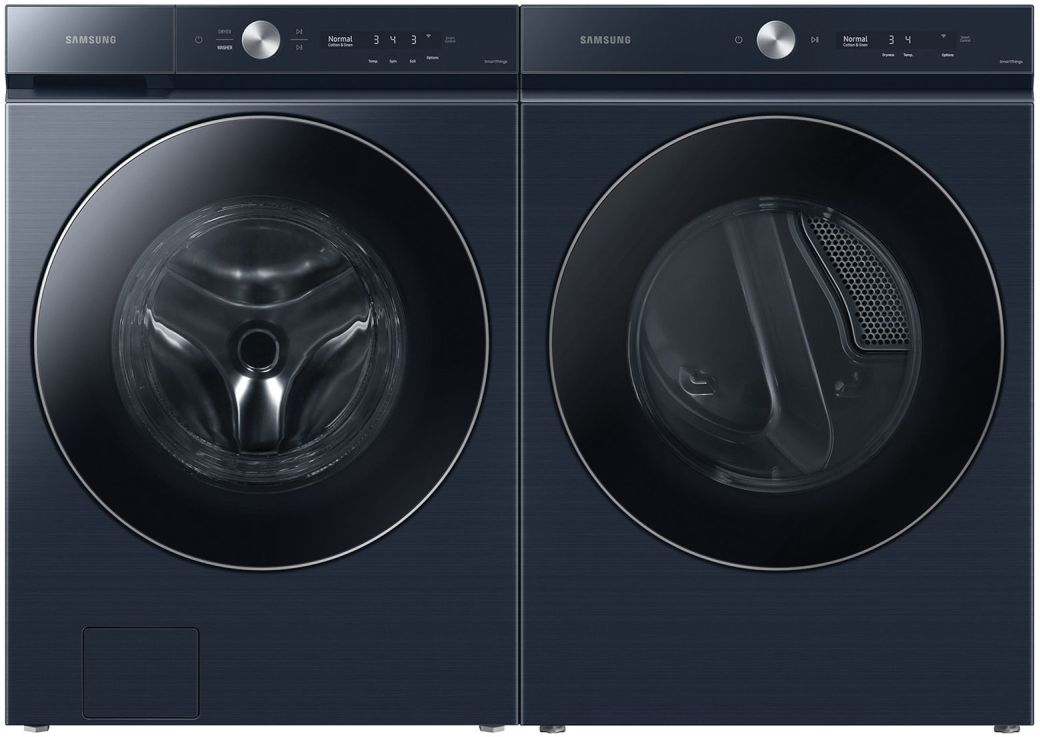 Side by Side Front Load Washer and Electric Dryer Pair in Brushed Navy