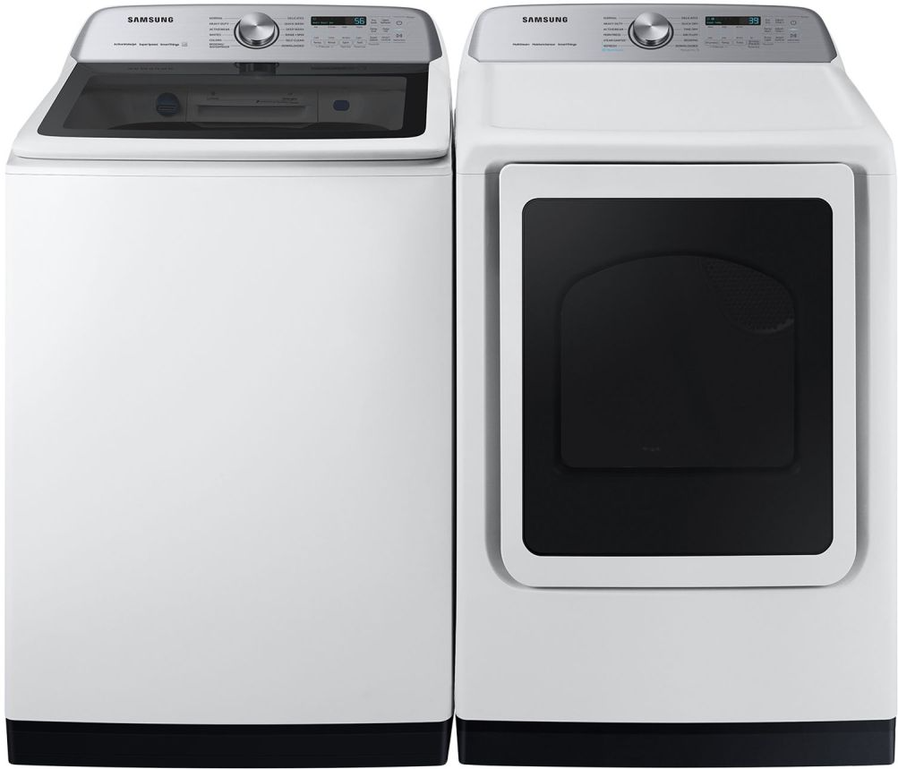 Side by Side Top Load Washer and Electric Dryer Pair in White