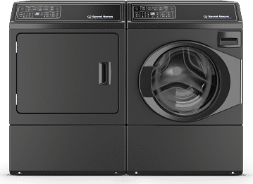 Front Load Washer and Gas Dryer Pair in Matte Black on Pedestals