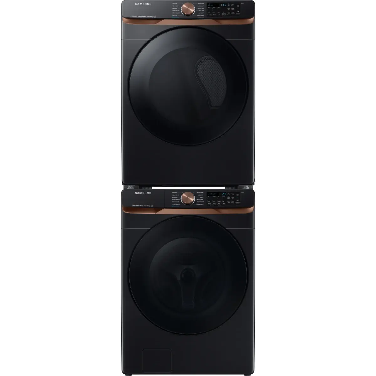 Stacked Front Load Washer and Gas Dryer Pair in Brushed Black
