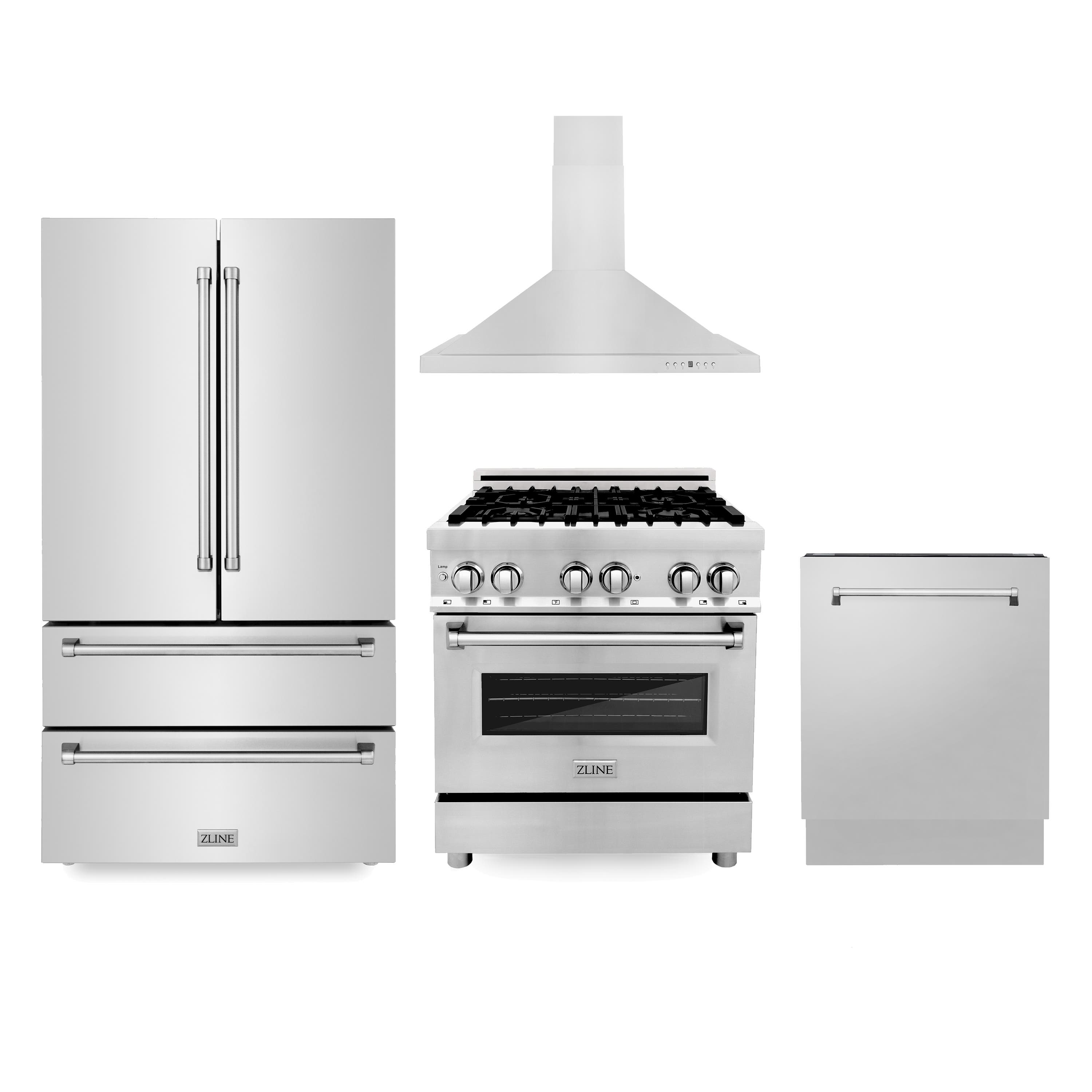 Kitchen Package with Refrigeration, 30" Stainless Steel Dual Fuel Range, 30" Convertible Vent Range Hood and 24" Tall Tub Dishwasher