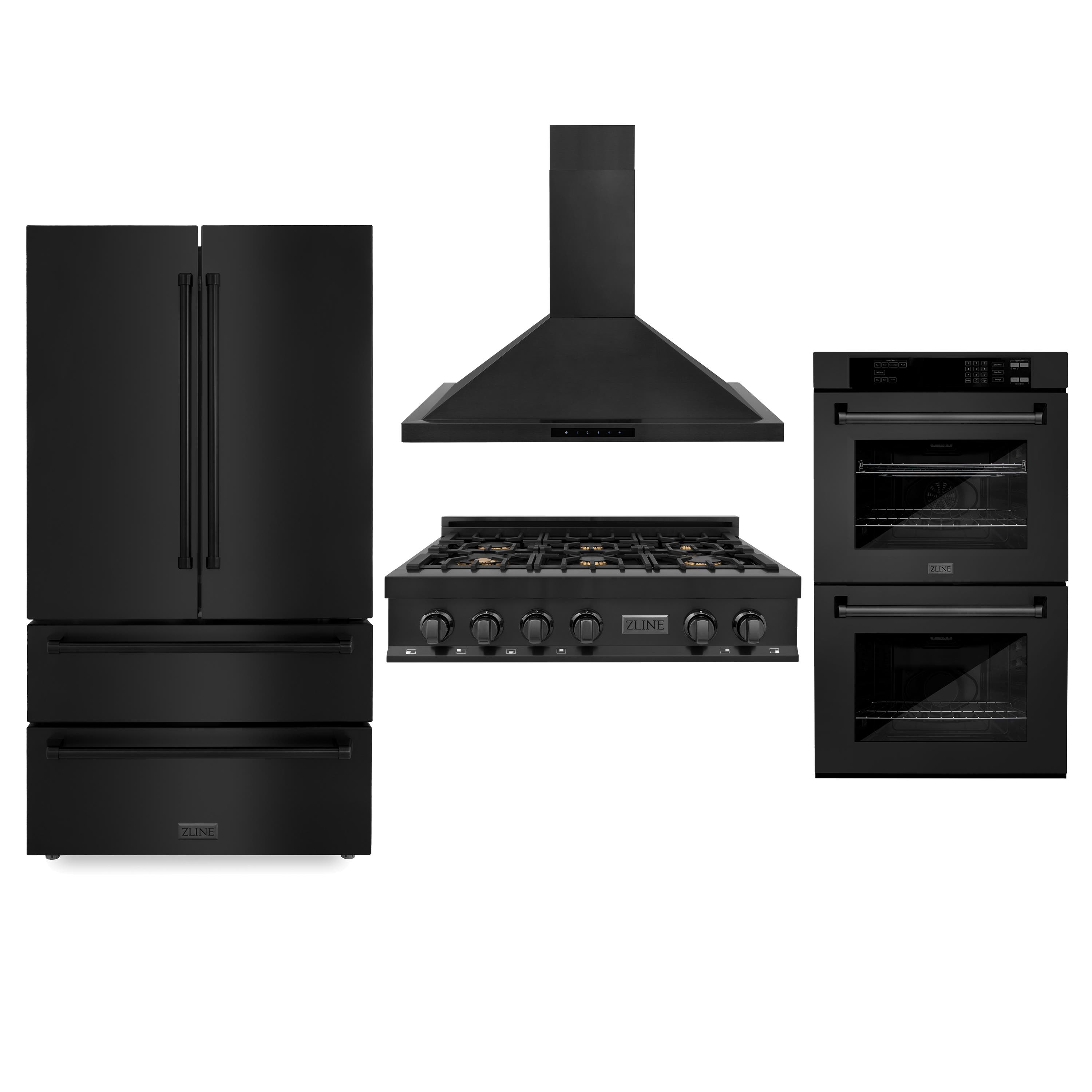 Kitchen Package with Black Stainless Steel Refrigeration, 36" Rangetop, 36" Range Hood and 30" Double Wall Oven