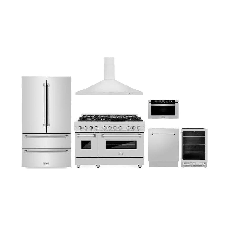 Kitchen Package with Refrigeration, 48" Stainless Steel Dual Fuel Range, 36" Range Hood, Microwave Drawer, 24" Tall Tub Dishwasher and Beverage Fridge