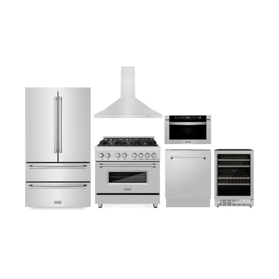 Kitchen Package with Refrigeration, 36" Stainless Steel Dual Fuel Range, 36" Range Hood, Microwave Drawer, 24" Tall Tub Dishwasher and Wine Cooler