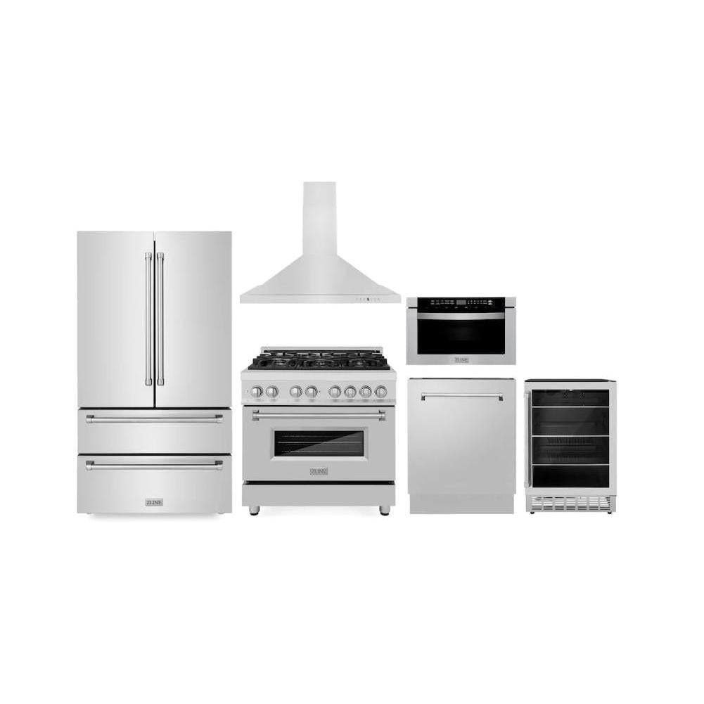 Kitchen Package with Refrigeration, 36" Stainless Steel Dual Fuel Range, 36" Range Hood, Microwave Drawer, 24" Tall Tub Dishwasher and Beverage Fridge