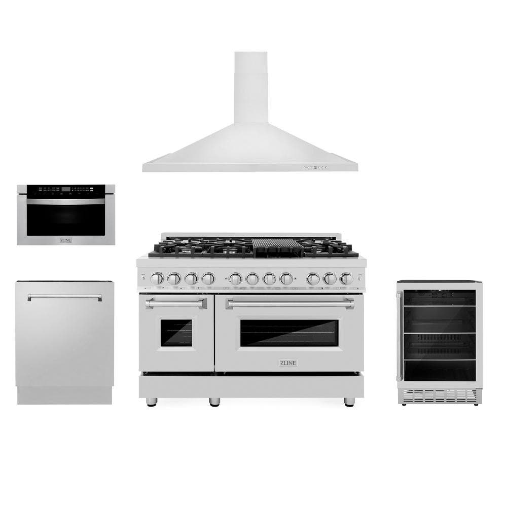 48" Kitchen Package with Stainless Steel Dual Fuel Range, Range Hood, Microwave Drawer, Tall Tub Dishwasher and Beverage Fridge