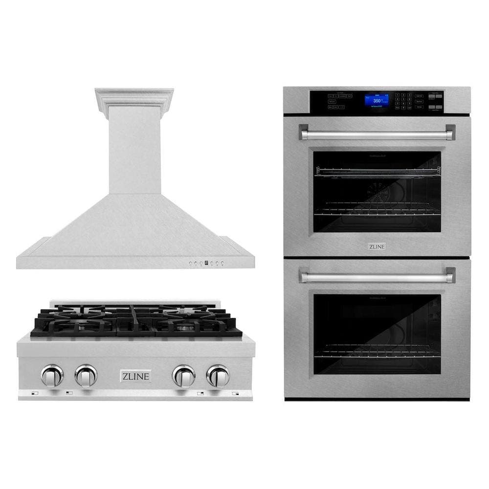 Kitchen Package with 30" Satin Stainless Steel Rangetop, 30" Convertible Range Hood and Double Wall Oven