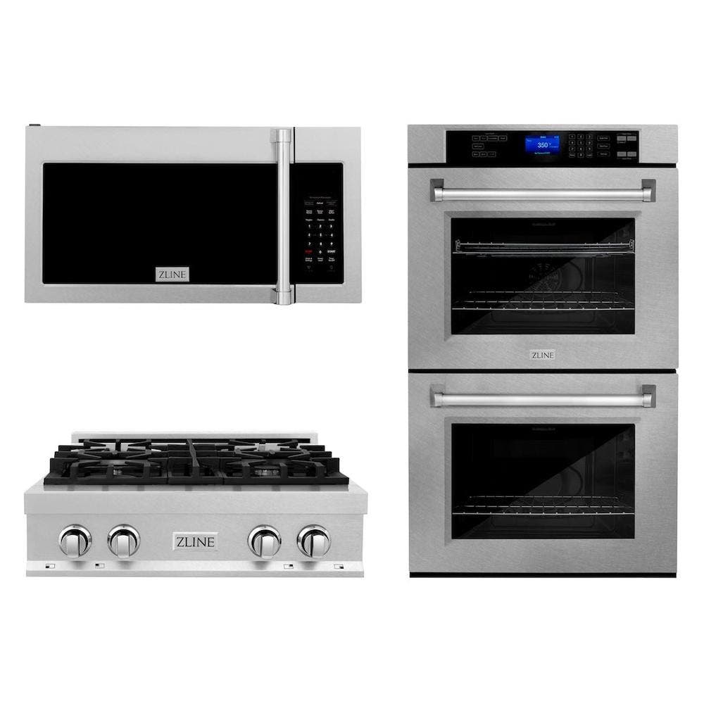 Kitchen Package with 30" Satin Stainless Steel Rangetop, 30" Over The Range Microwave with Modern Handle and Double Wall Oven