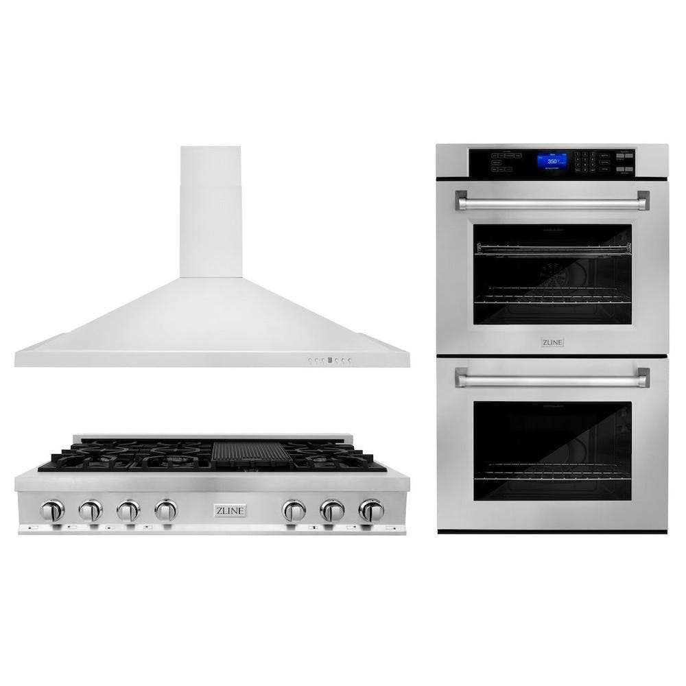 Kitchen Package with 48" Stainless Steel Rangetop, 48" Convertible Range Hood and Double Wall Oven