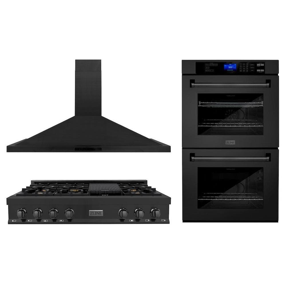 Kitchen Package with 48" Black Stainless Steel Rangetop, 48" Convertible Range Hood and Double Wall Oven