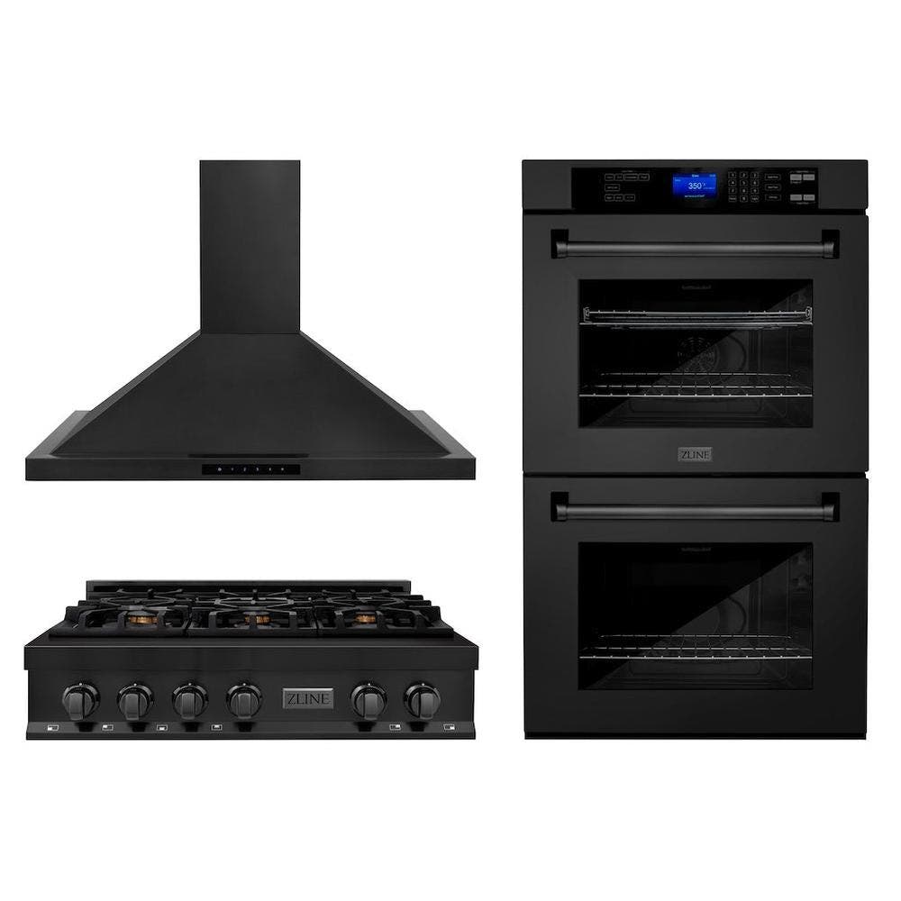 Kitchen Package with 36" Black Stainless Steel Rangetop, 36" Convertible Range Hood and Double Wall Oven