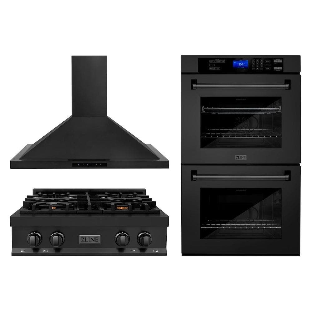 Kitchen Package with 30" Black Stainless Steel Rangetop, 30" Convertible Range Hood and Double Wall Oven