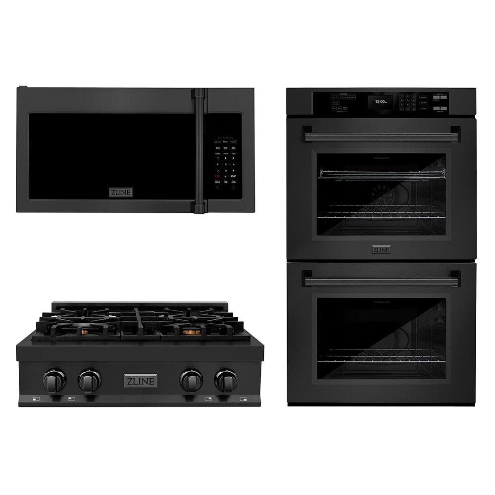 Kitchen Package with 30" Black Stainless Steel Rangetop, 30" Over The Range Microwave with Traditional Handle and Double Wall Oven