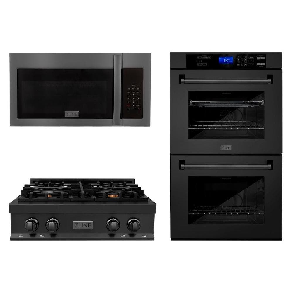 Kitchen Package with 30" Black Stainless Steel Rangetop, 30" Over The Range Microwave with Modern Handle and Double Wall Oven