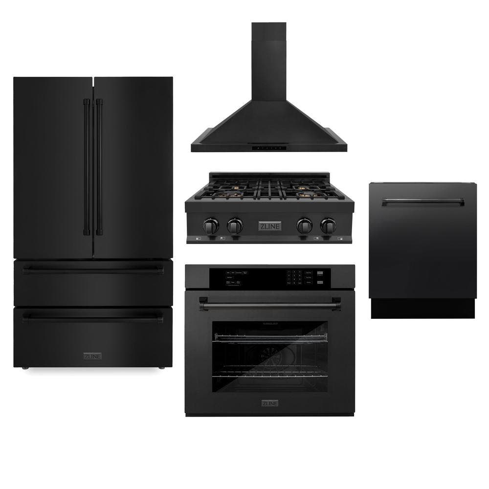 Kitchen Package with Black Stainless Steel Refrigeration, 30" Rangetop, 30" Range Hood, 30" Single Wall Oven, and 24" Tall Tub Dishwasher
