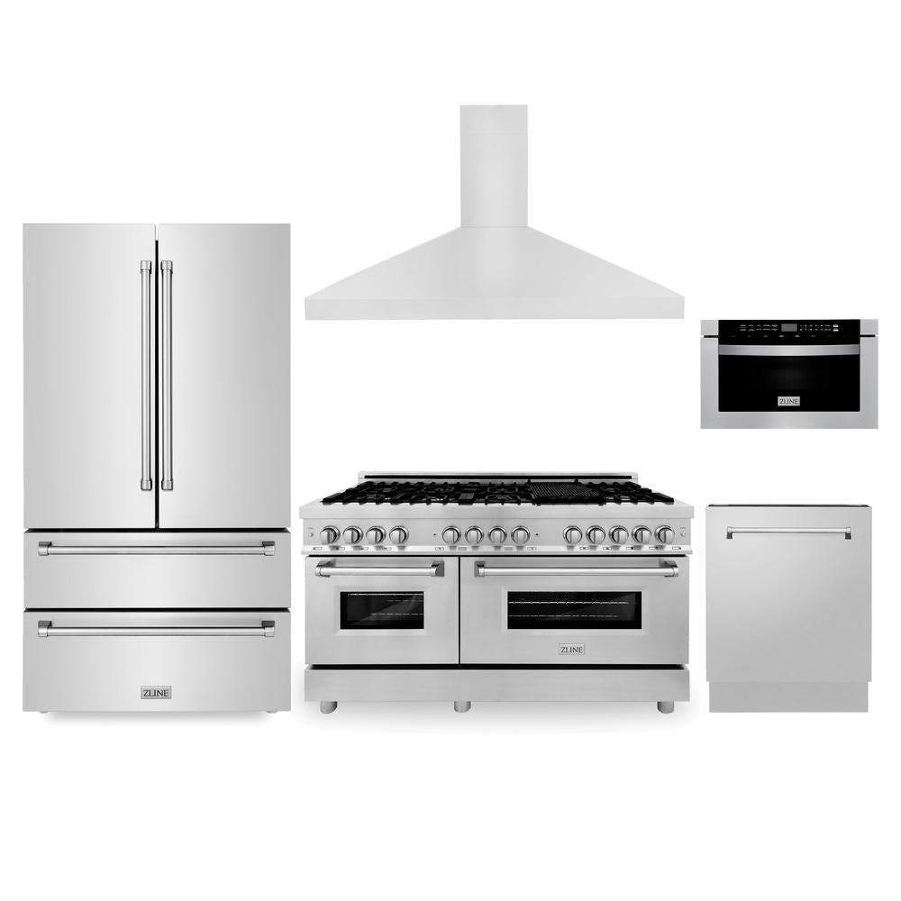 Kitchen Package with Refrigeration, 60" Stainless Steel Dual Fuel Range, 60" Range Hood, Microwave Drawer, and 24" Tall Tub Dishwasher