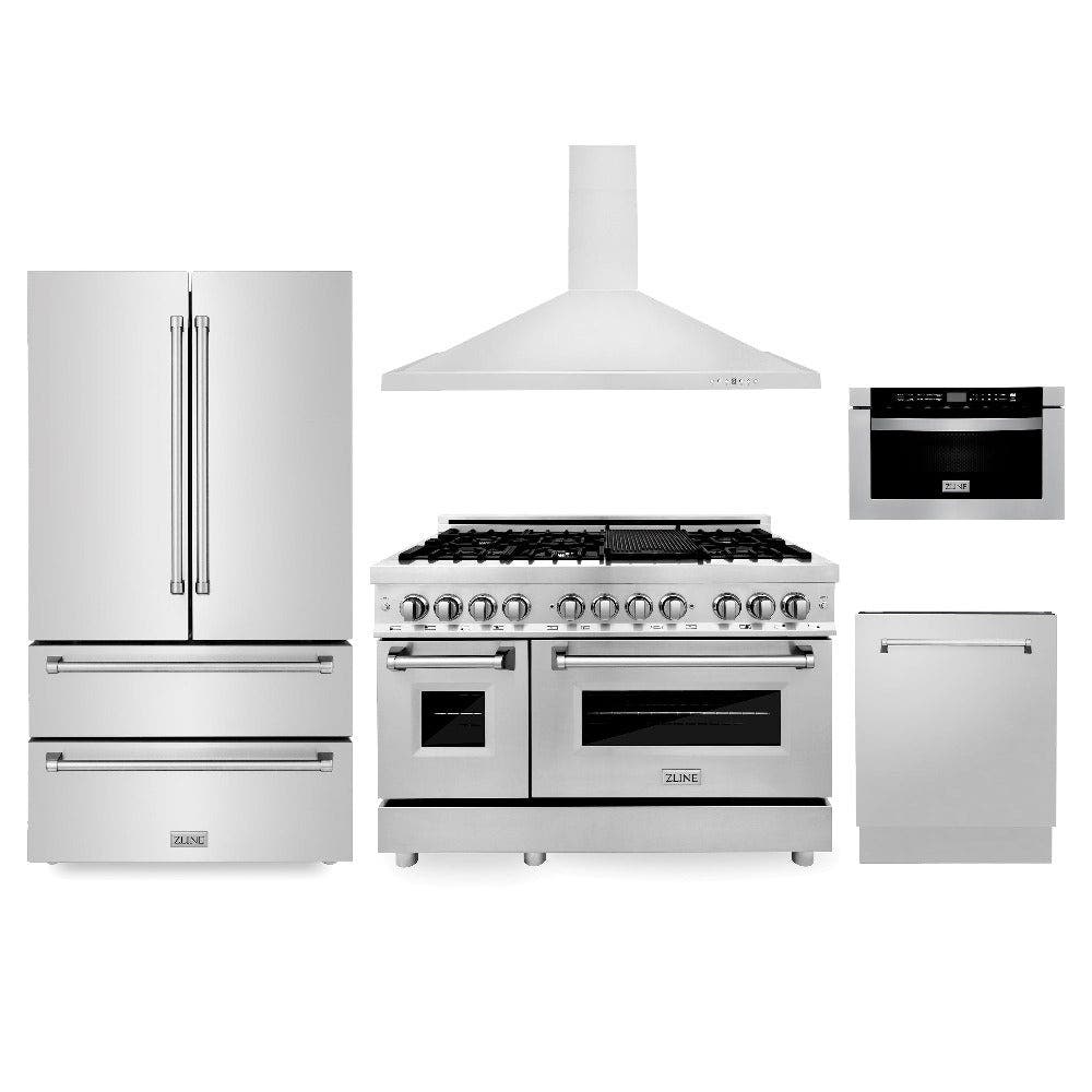Kitchen Package with Refrigeration, 48" Stainless Steel Dual Fuel Range, 48" Range Hood, Microwave Drawer, and 24" Tall Tub Dishwasher