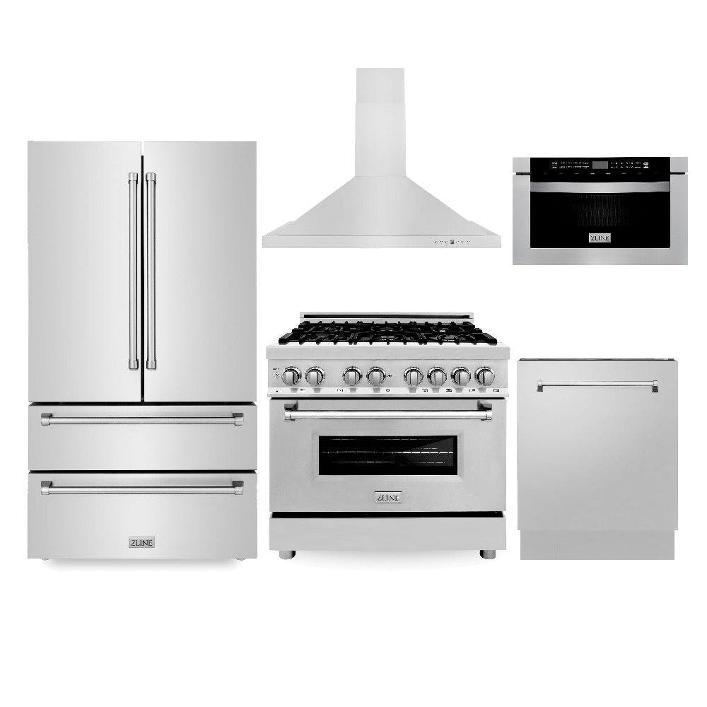 Kitchen Package with Refrigeration, 36" Stainless Steel Dual Fuel Range, 36" Range Hood, Microwave Drawer, and 24" Tall Tub Dishwasher