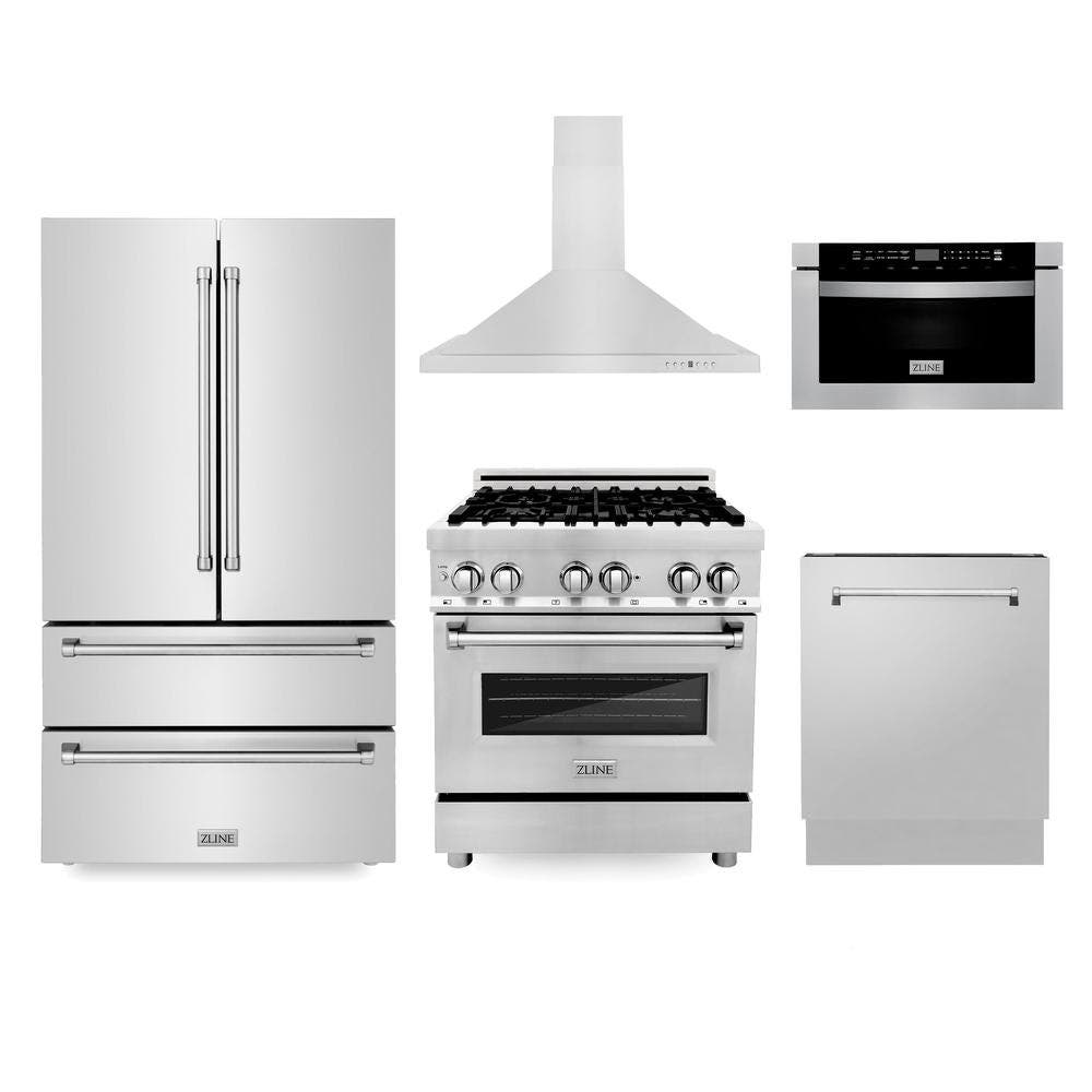Kitchen Package with Refrigeration, 30" Stainless Steel Dual Fuel Range, 30" Range Hood, Microwave Drawer, and 24" Tall Tub Dishwasher
