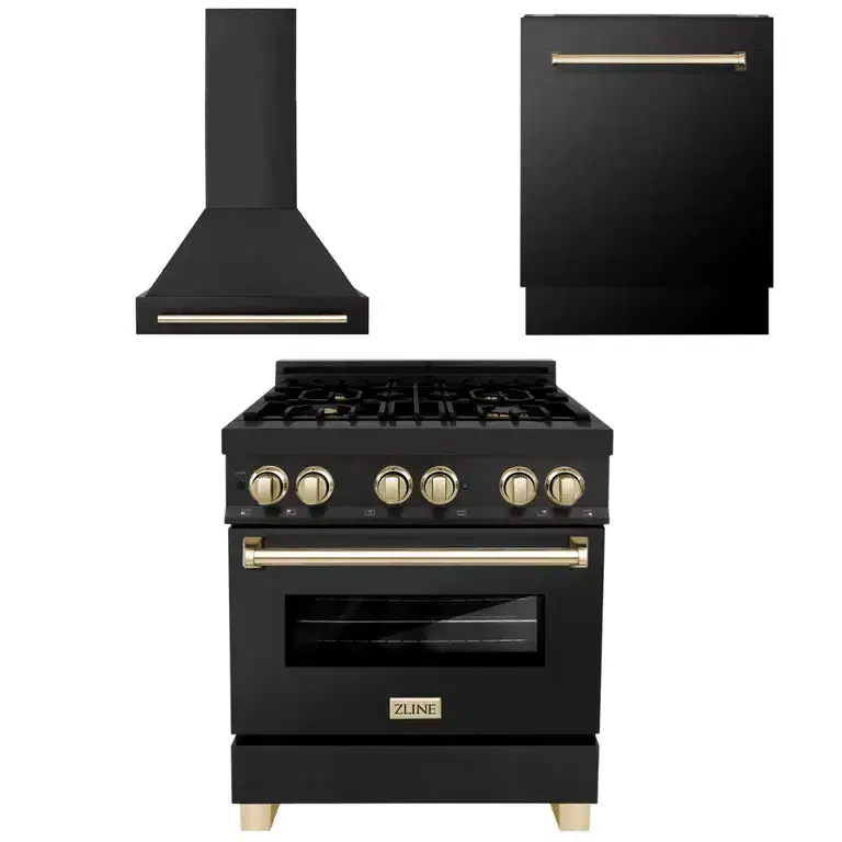 30" Autograph Edition Kitchen Package with Black Stainless Steel Dual Fuel Range, Range Hood and Dishwasher with Polished Gold Accents